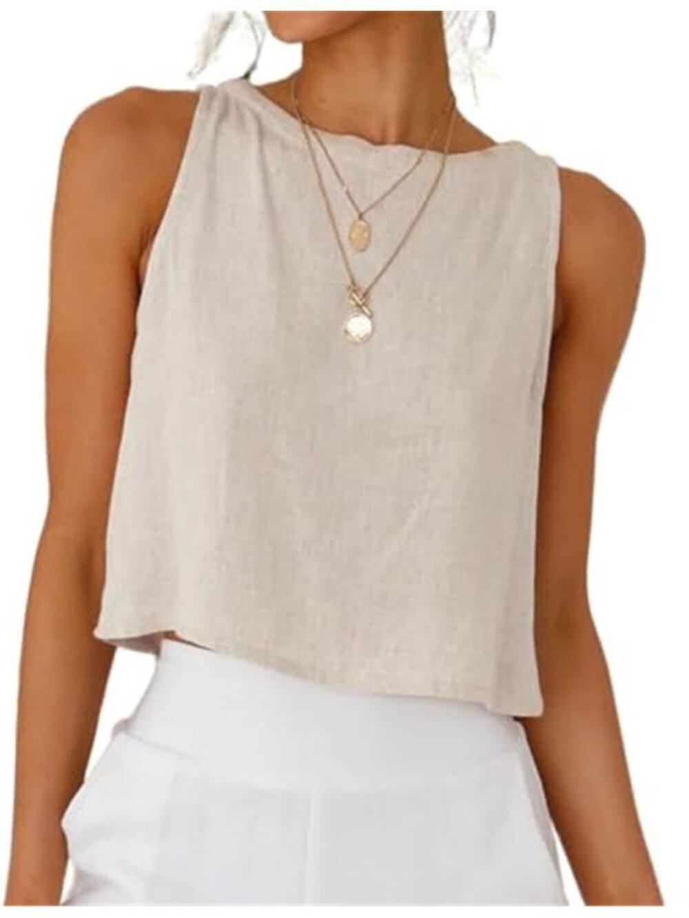 Beige Linen Crop Tank Top Women Sleeveless Summer Beach Vacation Top
